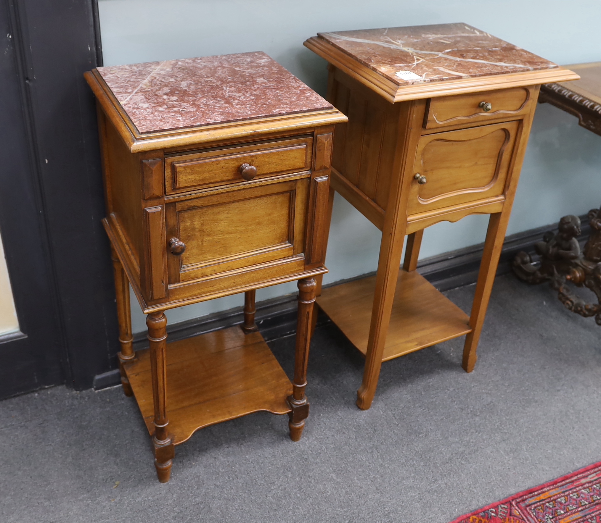 Two early 20th century French walnut marble topped bedside cabinets, larger width 48cm, depth 36cm, height 84cm